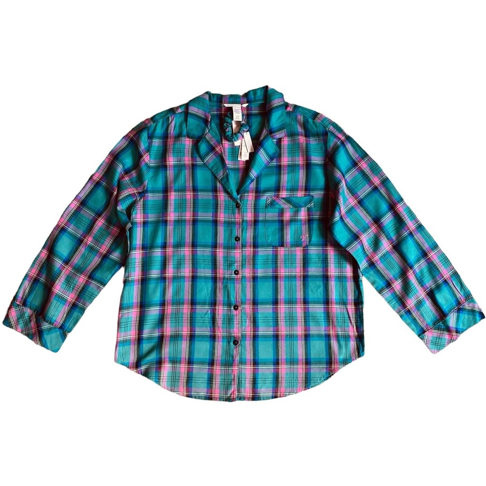 Victoria's Secret Pajama Shirt Size L & Hair Scrunchie Green Pink Plaid Flannel - Picture 3 of 10
